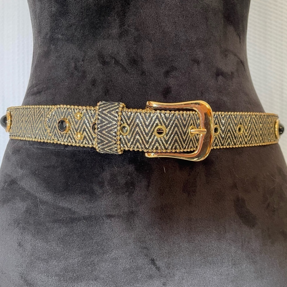 Black & Gold Herringbone Pattern 1” Belt With Beaded Accents Size Medium